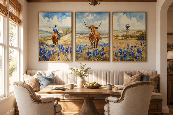 Set of 3 Texas landscape wall art prints featuring a cowboy, longhorn cow, and windmill in a field.