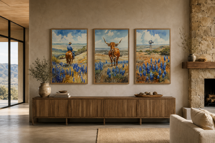 Set of 3 framed Texas landscape prints featuring a cowboy, longhorn cow, and windmill in bluebonnets.