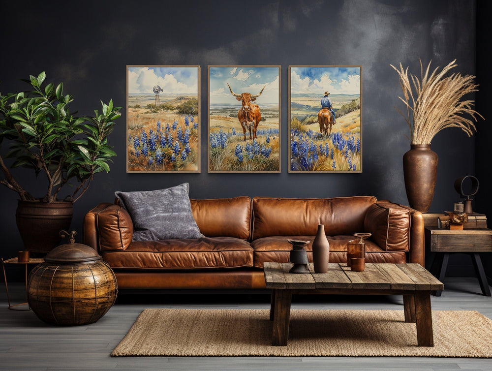 Set of 3 Texas landscape wall art prints featuring a windmill, longhorn cow, and cowboy on horseback.