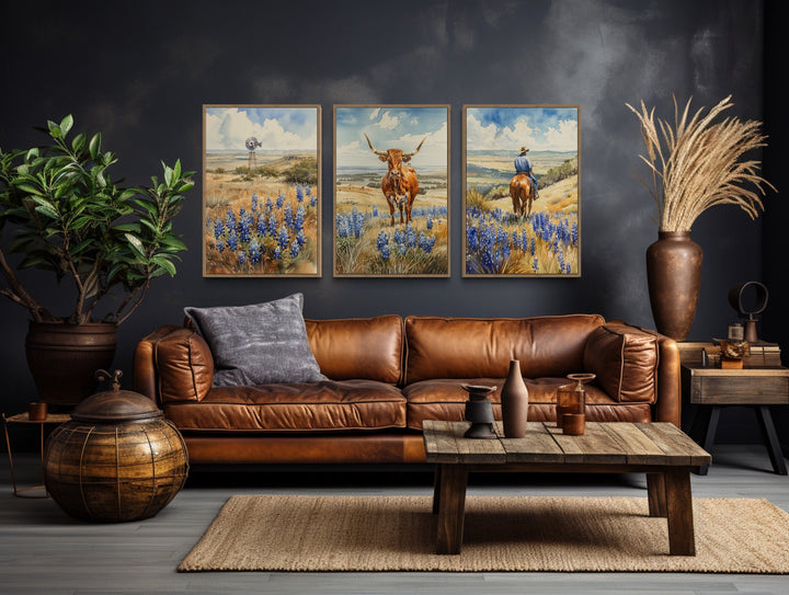 Set of 3 Texas landscape wall art prints featuring a windmill, longhorn cow, and cowboy on horseback.
