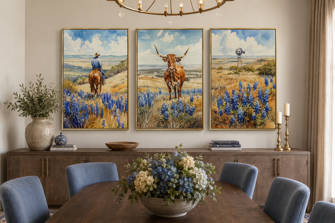 Set of 3 Texas landscape wall art featuring a cowboy, longhorn cow, and windmill in bluebonnets.