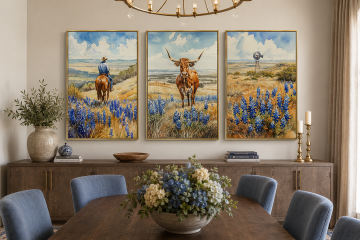 Set of 3 Texas landscape wall art featuring a cowboy, longhorn cow, and windmill in bluebonnets.