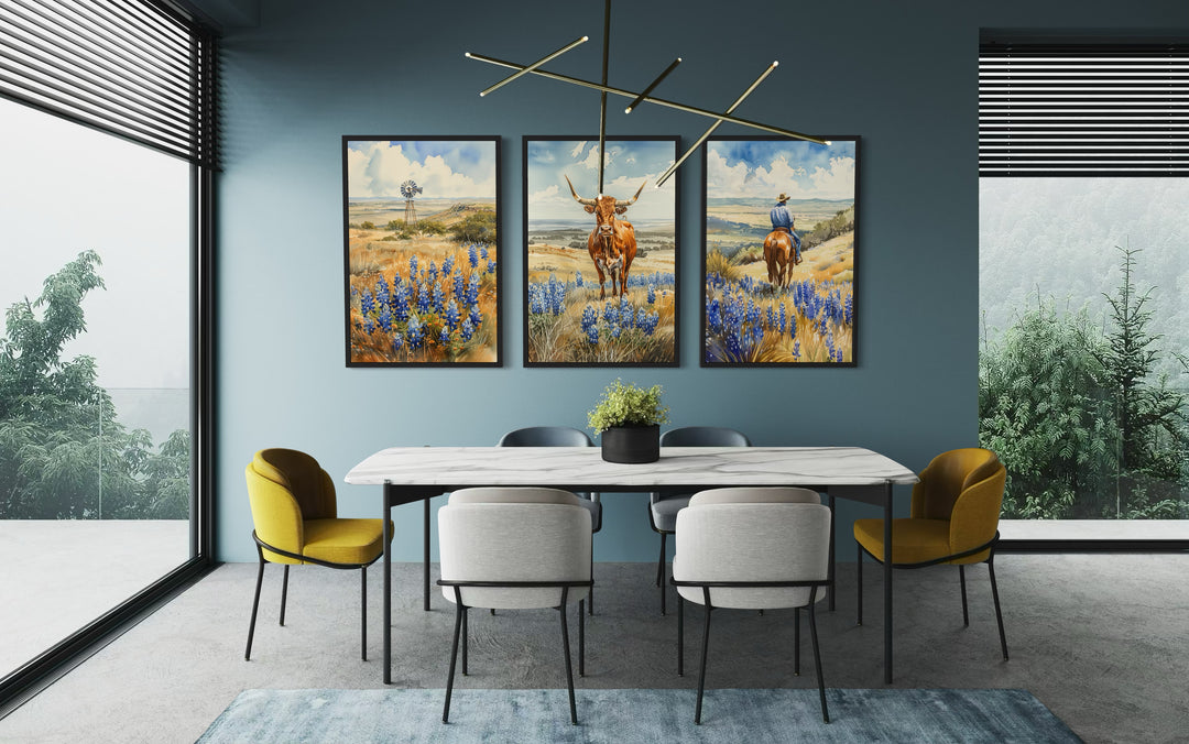 Set of 3 Texas landscape wall art prints featuring a longhorn, cowboy, and windmill in bluebonnets.