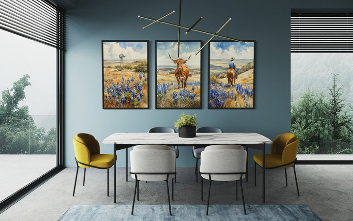 Set of 3 Texas landscape wall art prints featuring a longhorn, cowboy, and windmill in bluebonnets.