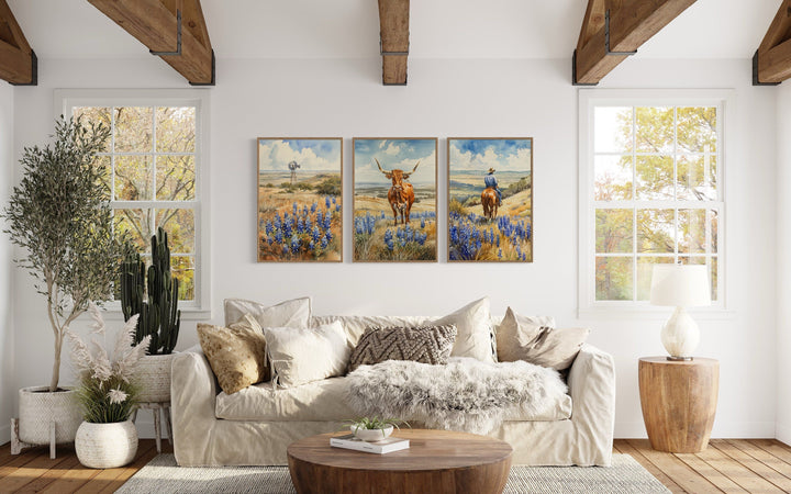 Set of 3 Texas landscape wall art featuring a longhorn, cowboy, and windmill in bluebonnet fields.