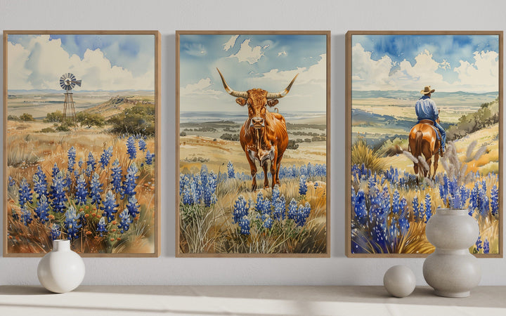 Set of 3 watercolor prints featuring a windmill, longhorn cow, and cowboy in a bluebonnet field.