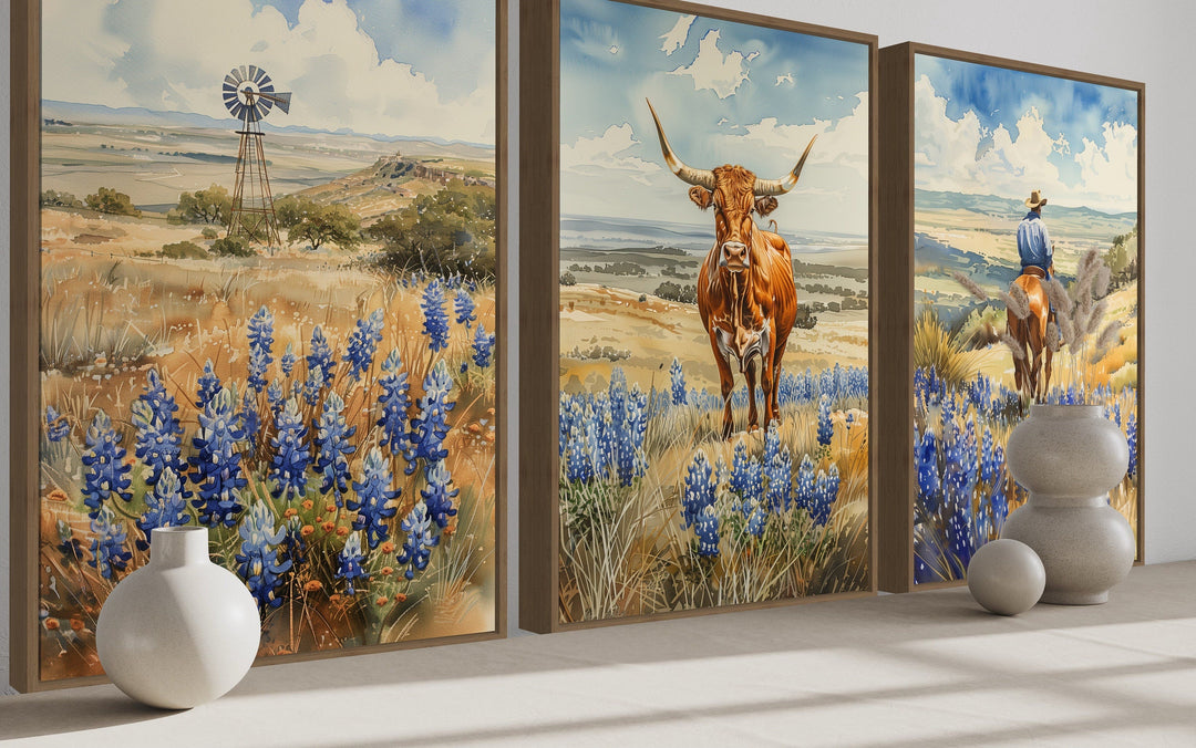 Set of 3 watercolor prints featuring a windmill, a longhorn cow, and a cowboy in bluebonnet fields.