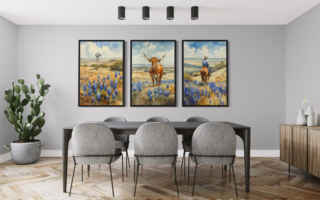 Set of 3 framed wall art prints featuring a windmill, longhorn cow, and cowboy in bluebonnet fields.