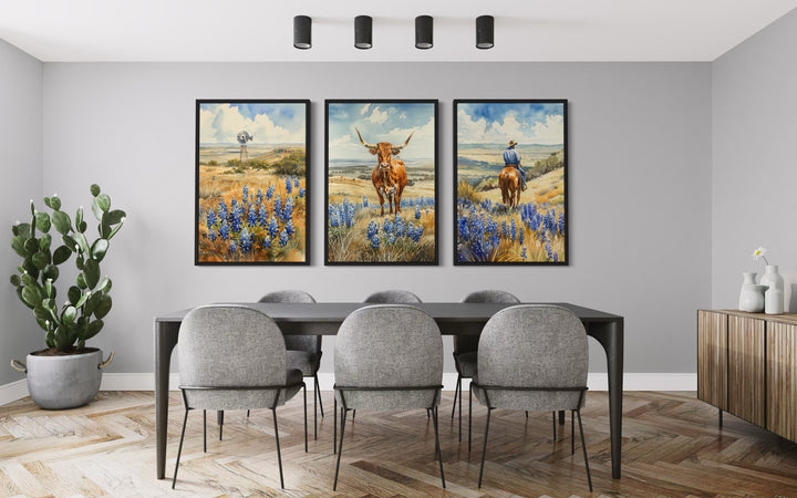 Set of 3 framed wall art prints featuring a windmill, longhorn cow, and cowboy in bluebonnet fields.