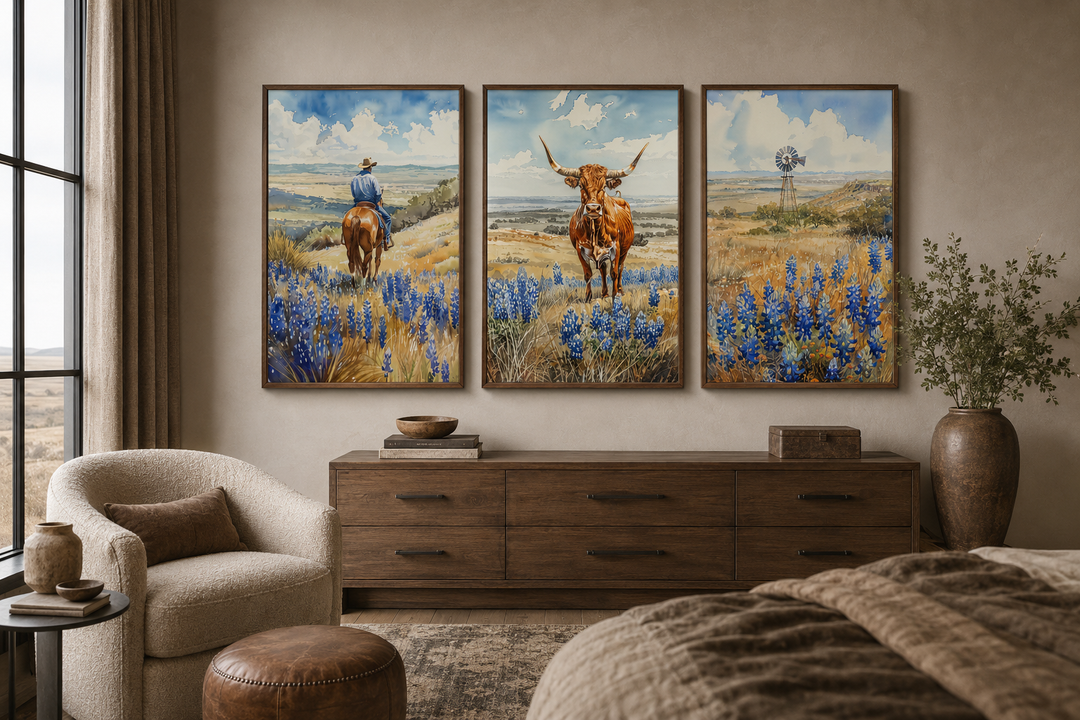 Set of 3 framed Texas landscape prints featuring a cowboy, longhorn cow, and windmill in bluebonnets.