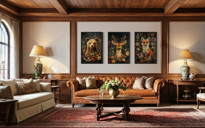 Set of 3 Wildlife Bear, Fox And Deer In Flowers William Morris Inspired Wall Wal For Cabin Wall Decor