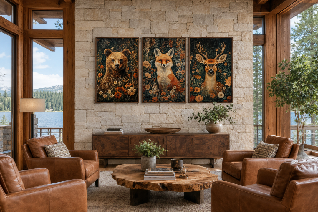 Set of 3 William Morris inspired wildlife prints featuring a bear, fox, and deer among flowers.