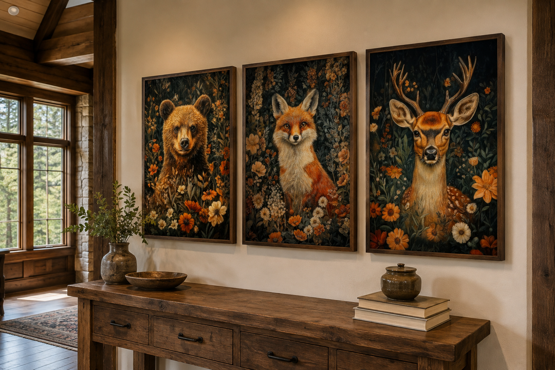 Set of 3 framed wildlife art prints featuring a bear, fox, and deer in William Morris floral style.