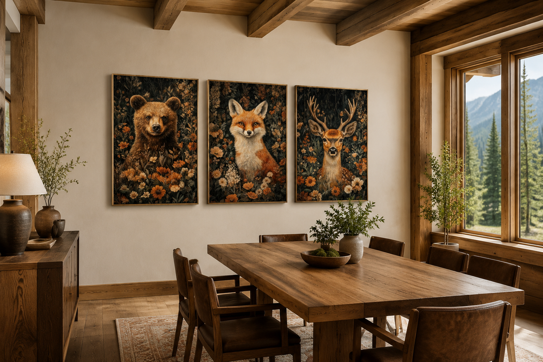 Set of 3 William Morris inspired wildlife prints featuring a bear, fox, and deer in a dining room.
