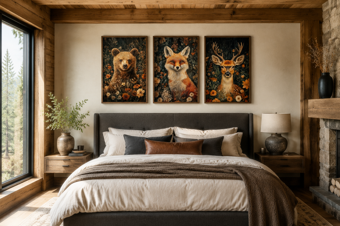 Set of 3 William Morris inspired wildlife prints featuring a bear, fox, and deer above a bed.
