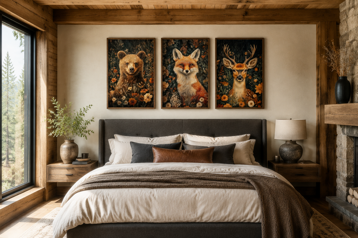 Set of 3 William Morris inspired wildlife prints featuring a bear, fox, and deer above a bed.