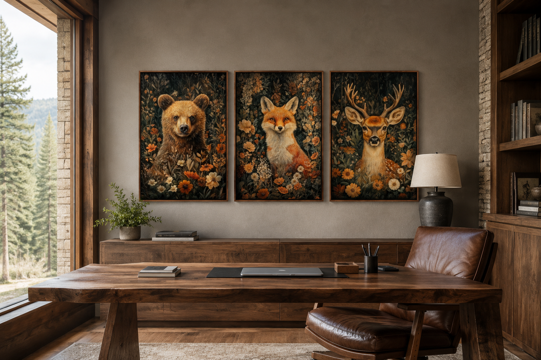 Set of 3 William Morris inspired wildlife prints featuring a bear, fox, and deer in floral patterns.