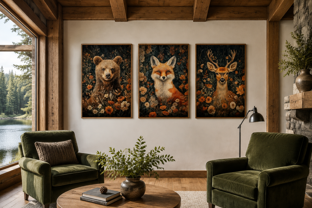 Set of 3 William Morris inspired wall art prints featuring a bear, fox, and deer among flowers.
