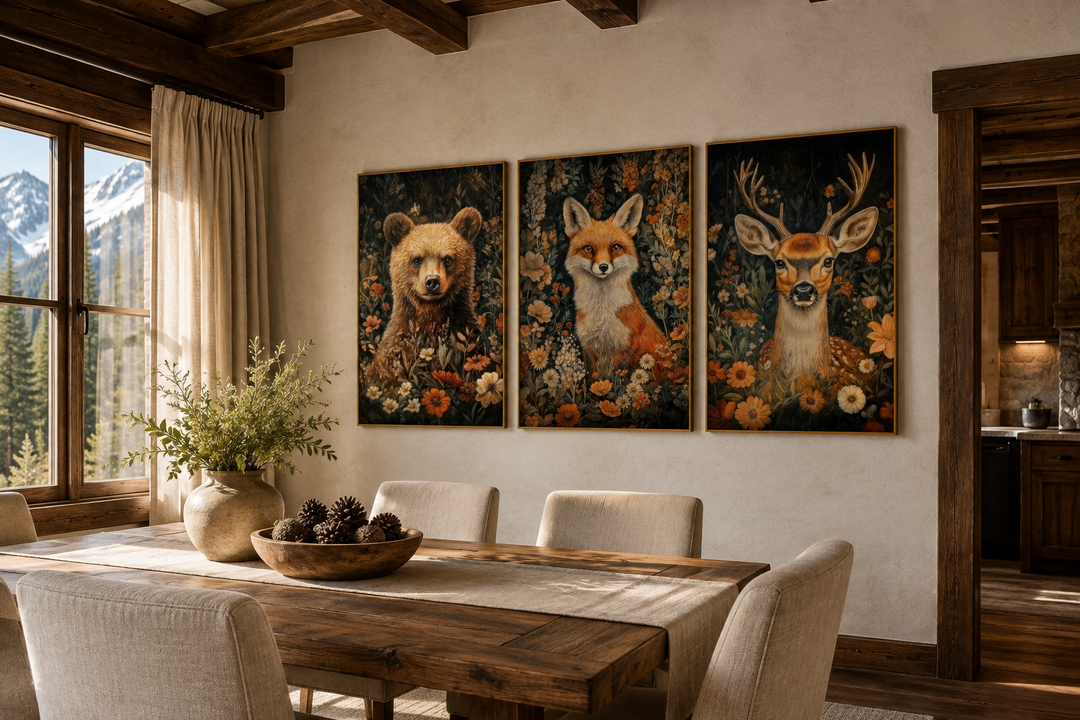 Set of 3 William Morris inspired wildlife prints featuring a bear, fox, and deer in floral patterns.