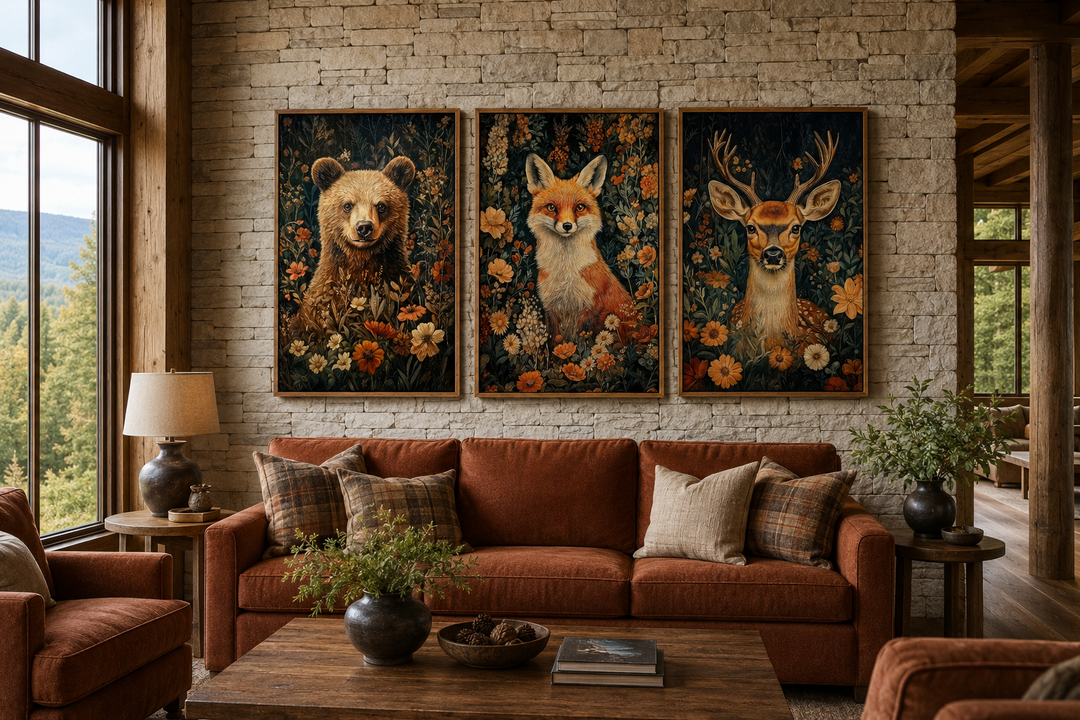 Set of 3 William Morris inspired wildlife prints featuring a bear, fox, and deer in floral patterns.