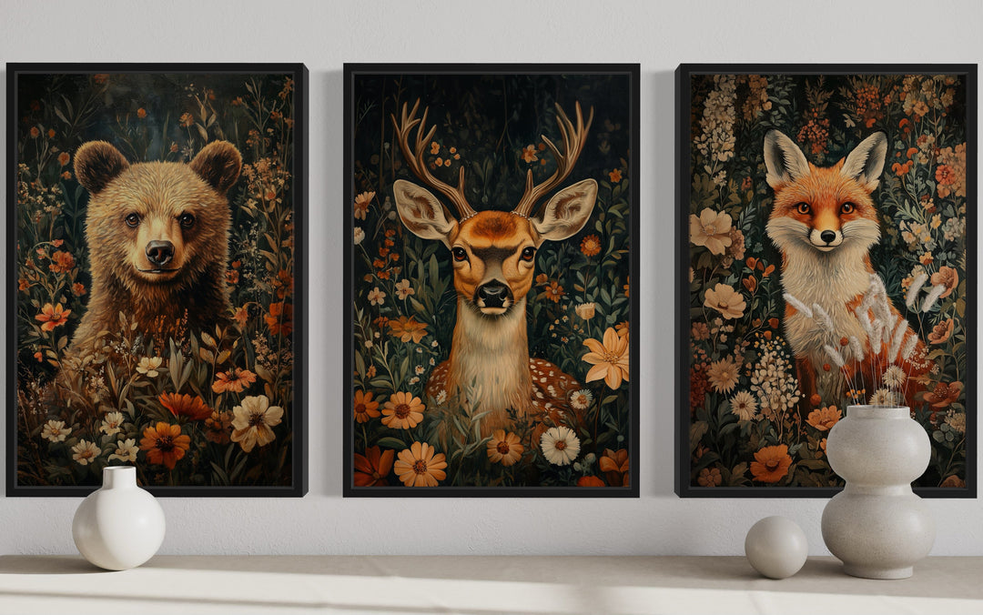 Set of 3 framed wildlife prints featuring a bear, deer, and fox among William Morris style flowers.