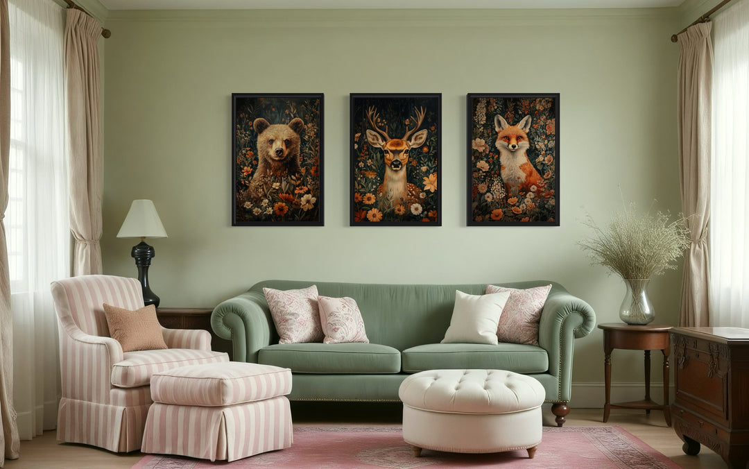 Set of 3 Wildlife Bear, Fox And Deer In Flowers William Morris Inspired Wall Wal For Cabin Wall Decor