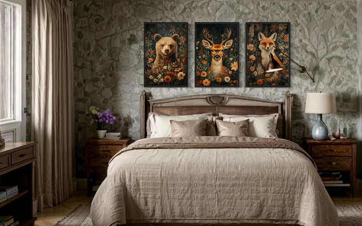 Set of 3 Wildlife Bear, Fox And Deer In Flowers William Morris Inspired Wall Wal For Cabin Wall Decor