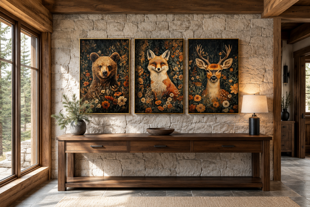 Set of 3 wildlife art prints featuring a bear, fox, and deer in flowers on a stone cabin wall.