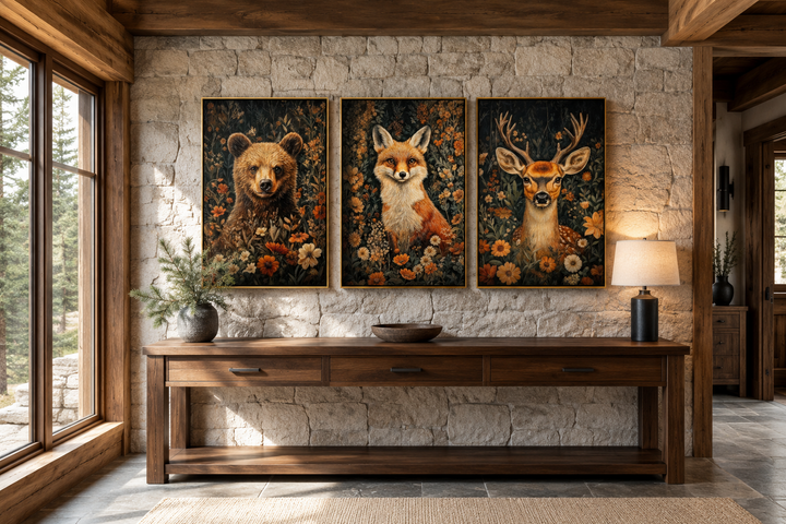 Set of 3 wildlife art prints featuring a bear, fox, and deer in flowers on a stone cabin wall.