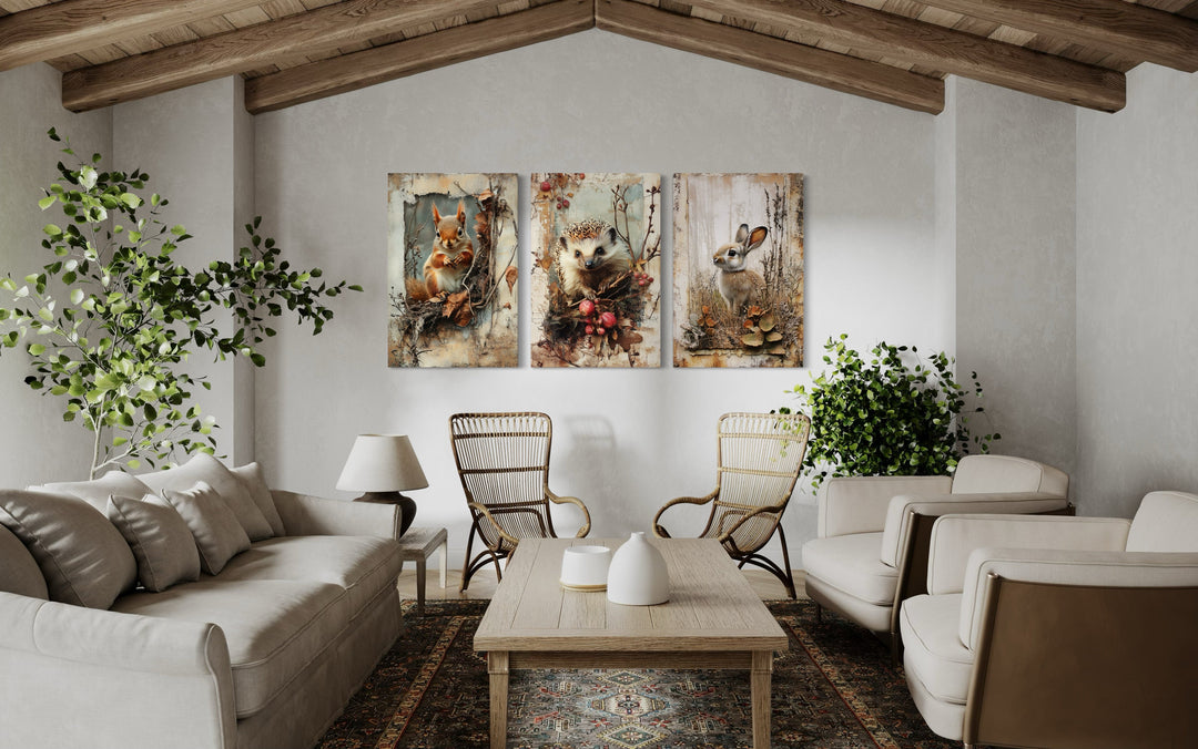 Set of 3 Wildlife Bunny, Squirrel And Hedgehog Paintings For Cabin Wall Decor