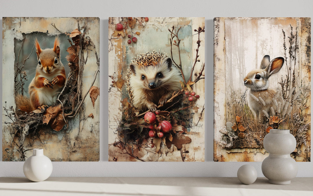 Set of 3 Wildlife Bunny, Squirrel And Hedgehog Paintings For Cabin Wall Decor