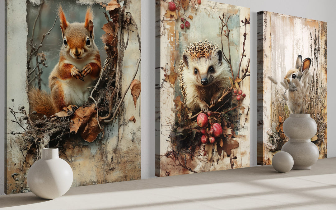 Set of 3 Wildlife Bunny, Squirrel And Hedgehog Paintings For Cabin Wall Decor