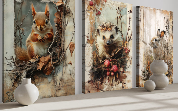 Set of 3 Wildlife Bunny, Squirrel And Hedgehog Paintings For Cabin Wall Decor