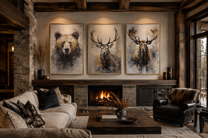 Set of 3 framed wildlife canvas prints featuring a bear, elk, and moose above a rustic fireplace.