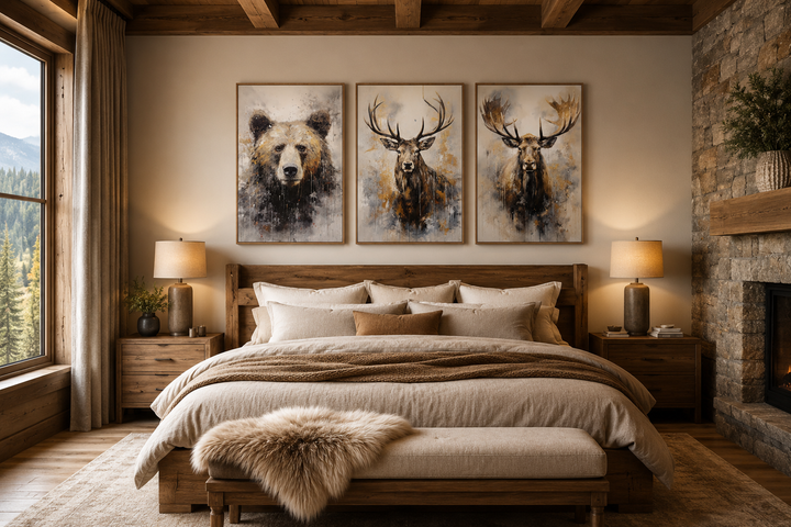 Set of three framed canvas prints featuring a bear, moose, and elk in a green forest setting.