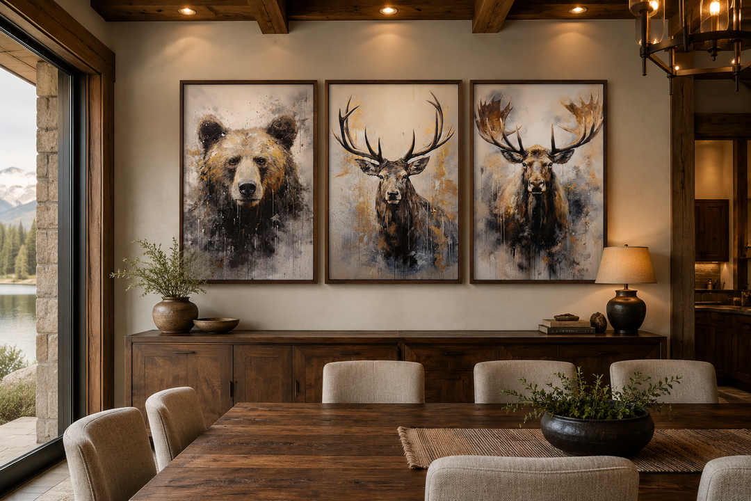 Set of 3 framed wildlife canvas prints featuring a bear, elk, and moose in a rustic dining room.
