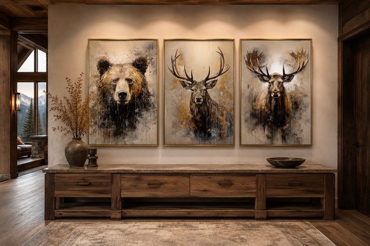 Set of 3 framed wildlife canvas prints featuring a bear, elk, and moose above a rustic wooden bench.