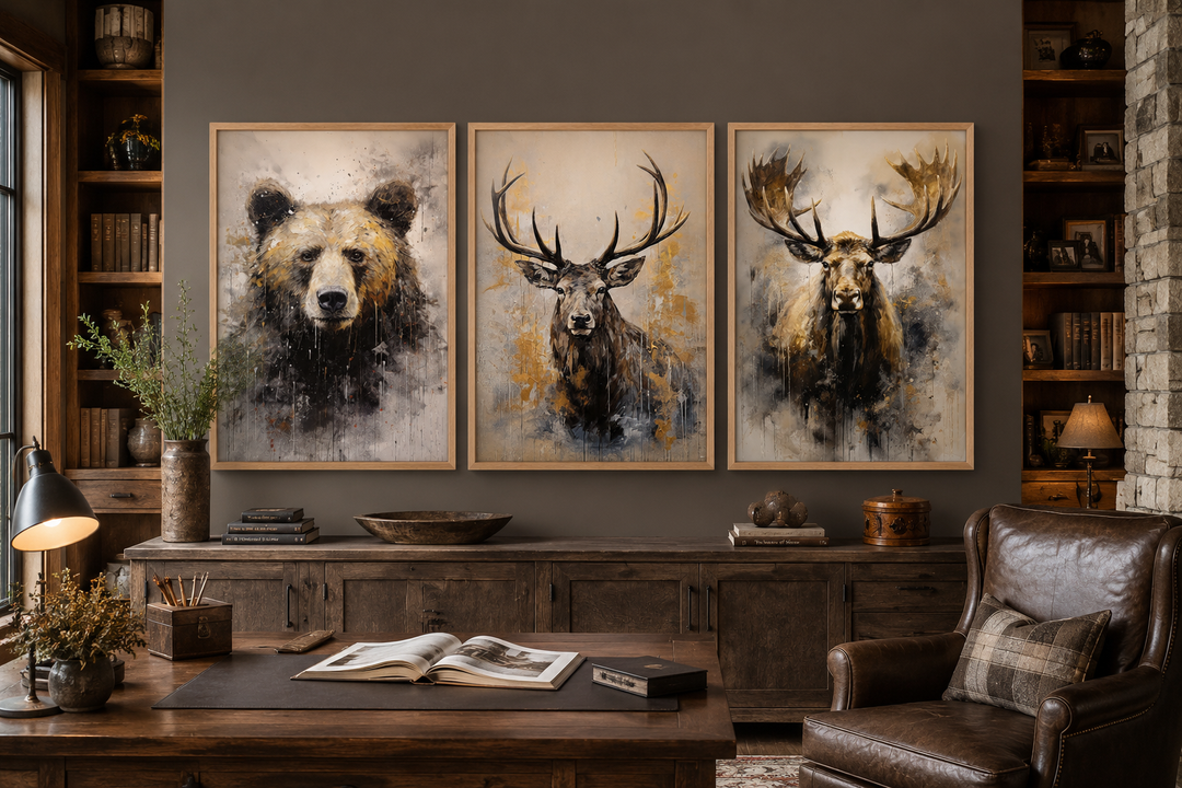 Set of 3 framed wildlife canvas prints featuring a bear, elk, and moose in a rustic cabin setting.