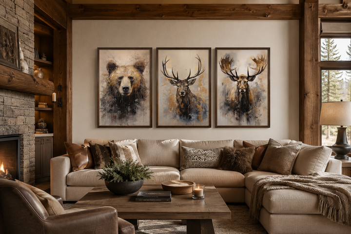 Set of 3 framed wildlife paintings featuring a bear, elk, and moose above a neutral sectional sofa.