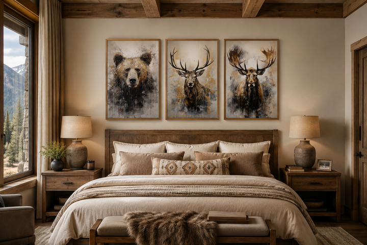 Set of 3 framed wildlife canvas prints featuring a bear, elk, and moose above a rustic cabin bed.