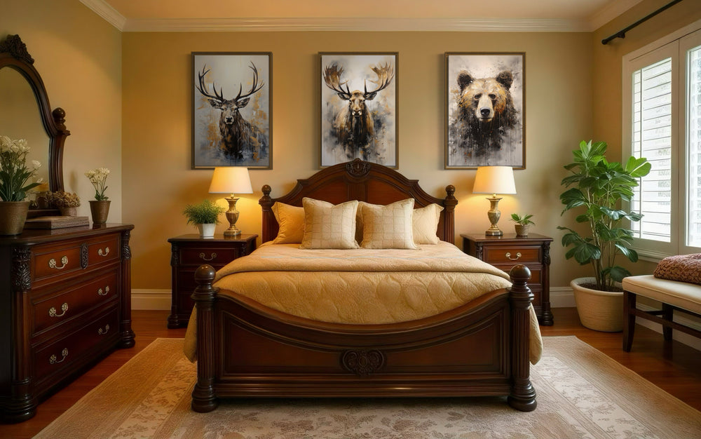 Set of 3 Wildlife Prints Bear, Moose And Elk Paintings For Cabin Wall Decor