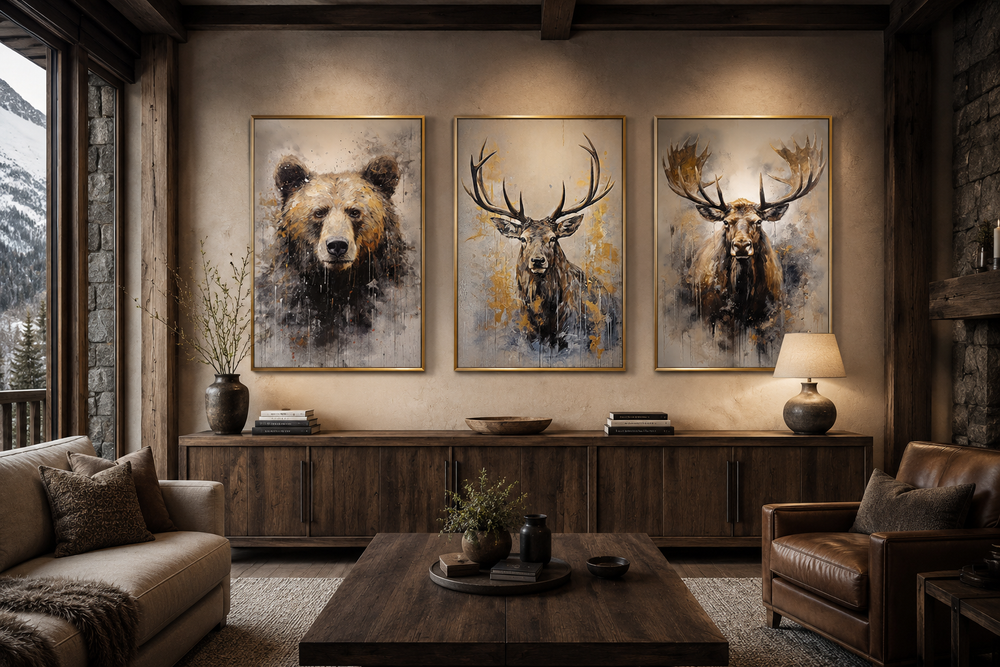 Set of 3 framed wildlife canvas prints featuring a bear, elk, and moose in a rustic living room.
