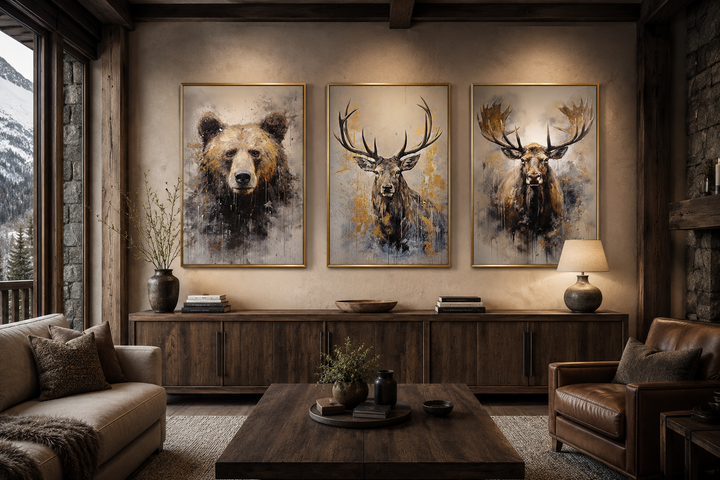 Set of 3 framed wildlife canvas prints featuring a bear, elk, and moose in a rustic living room.