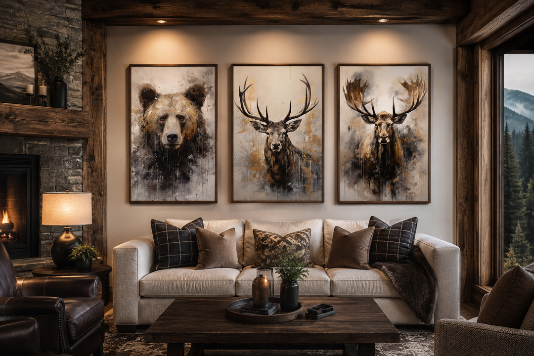 Set of 3 framed wildlife canvas prints featuring a bear, elk, and moose above a sofa in a cabin.