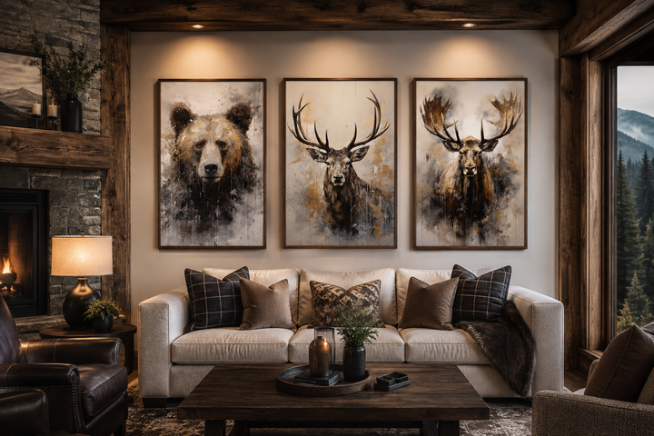 Set of 3 framed wildlife canvas prints featuring a bear, elk, and moose above a sofa in a cabin.