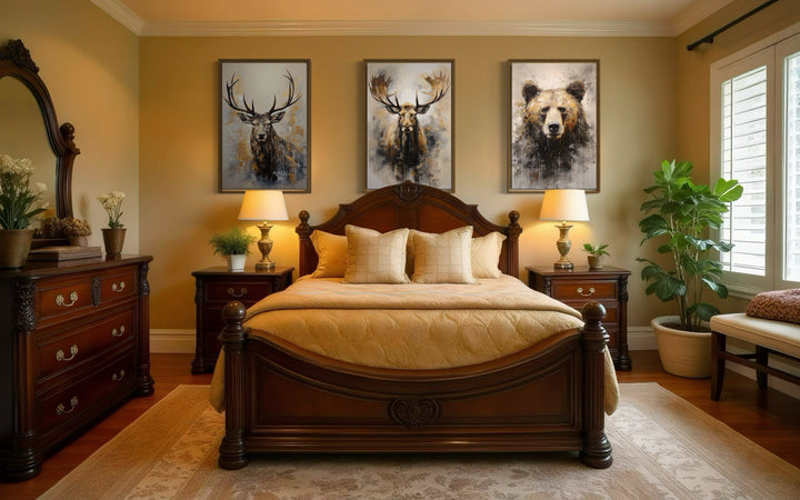 Set of 3 framed wildlife canvas prints featuring a bear, moose, and elk above a bed in a cabin.
