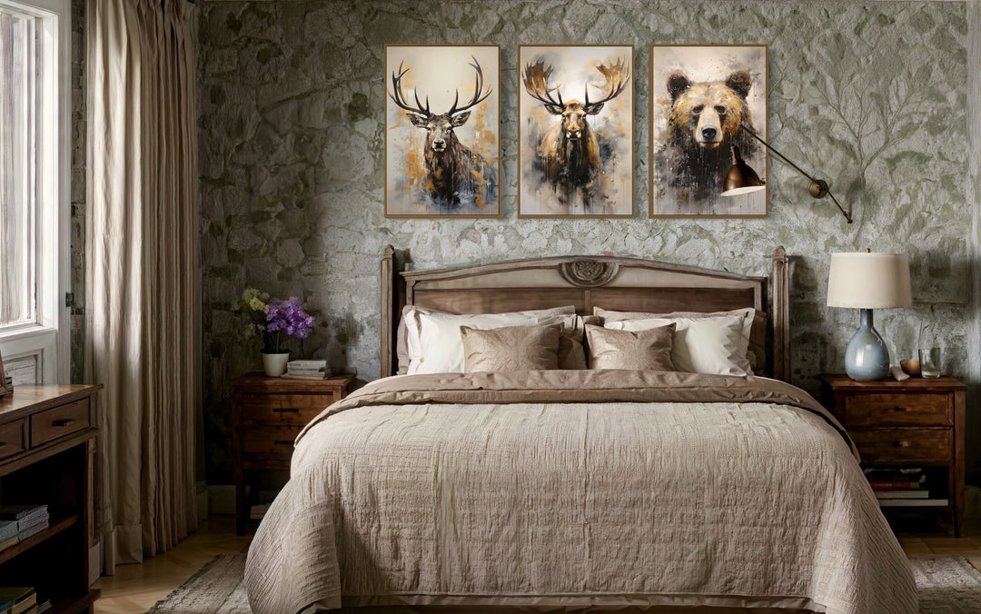 Set of 3 Wildlife Prints Bear, Moose And Elk Paintings For Cabin Wall Decor