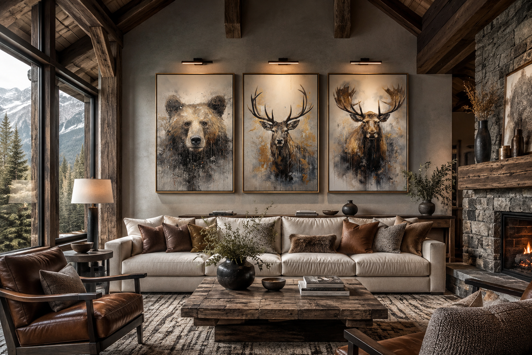 Set of 3 framed wildlife canvas prints featuring a bear, elk, and moose in a rustic cabin setting.