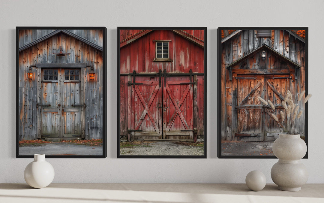 Set of three framed canvas wall art pieces featuring rustic weathered barn doors in red and gray.