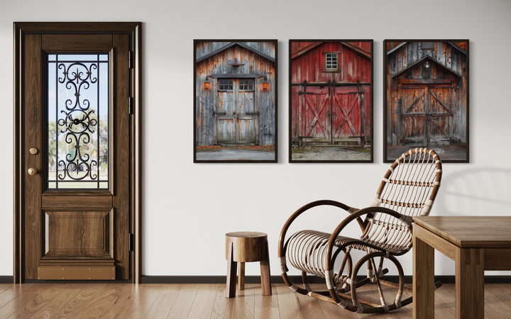 Set of three rustic barn door paintings on framed canvas in a farmhouse-style room.